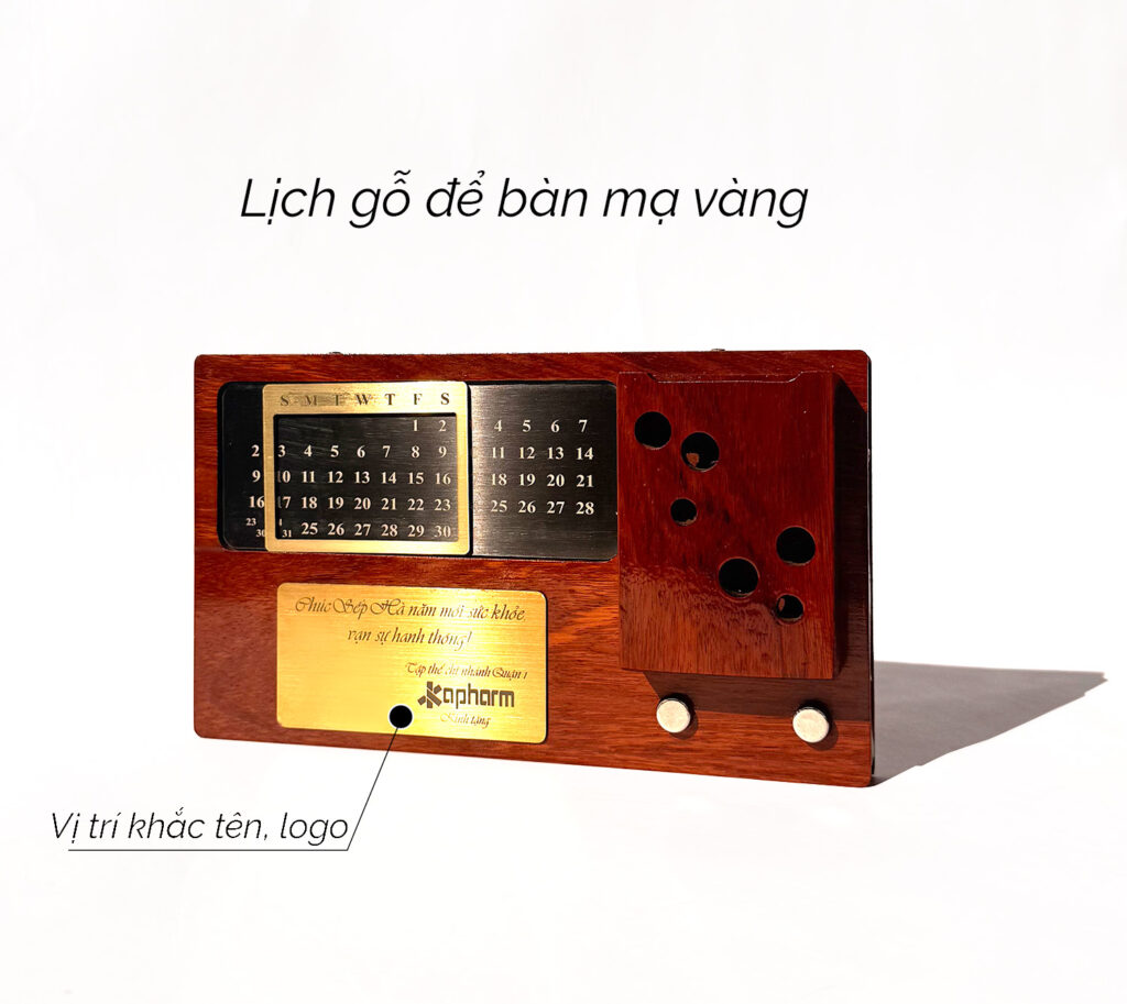 lịch gỗ để bàn cao cấp mạ vàng 24k