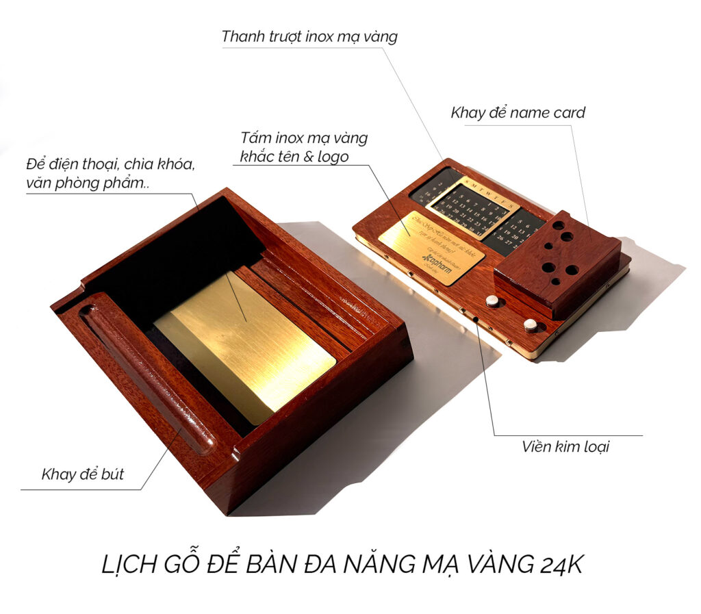 lịch gỗ để bàn cao cấp mạ vàng 24k