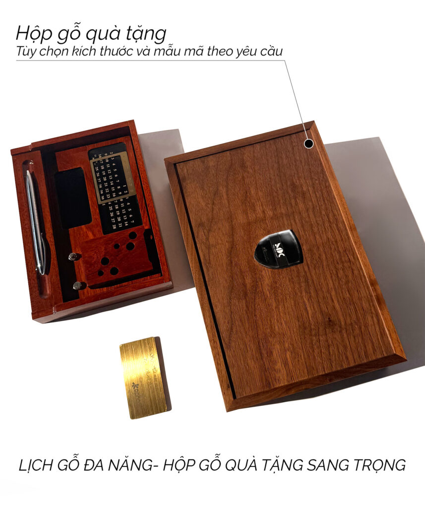lịch gỗ để bàn cao cấp, hộp quà tặng gỗ sang trọng