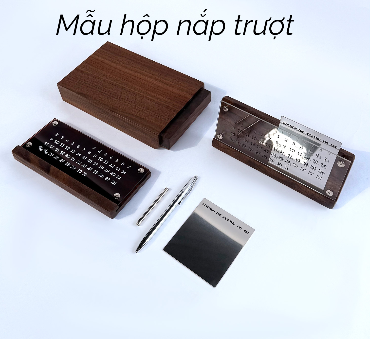 quà tặng lịch gỗ để bàn, mẫu hộp đựng gỗ nắp trượt, vật liệu gỗ óc chó tự nhiên