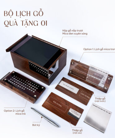 lịch gỗ để bàn cao cấp vạn niên. Kết hợp với hộp gỗ làm bộ quà tặng lịch tết sang trọng