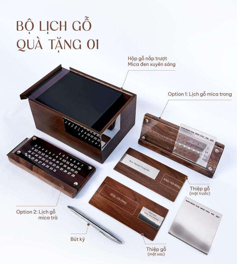 lịch gỗ để bàn cao cấp vạn niên. Kết hợp với hộp gỗ làm bộ quà tặng lịch tết sang trọng