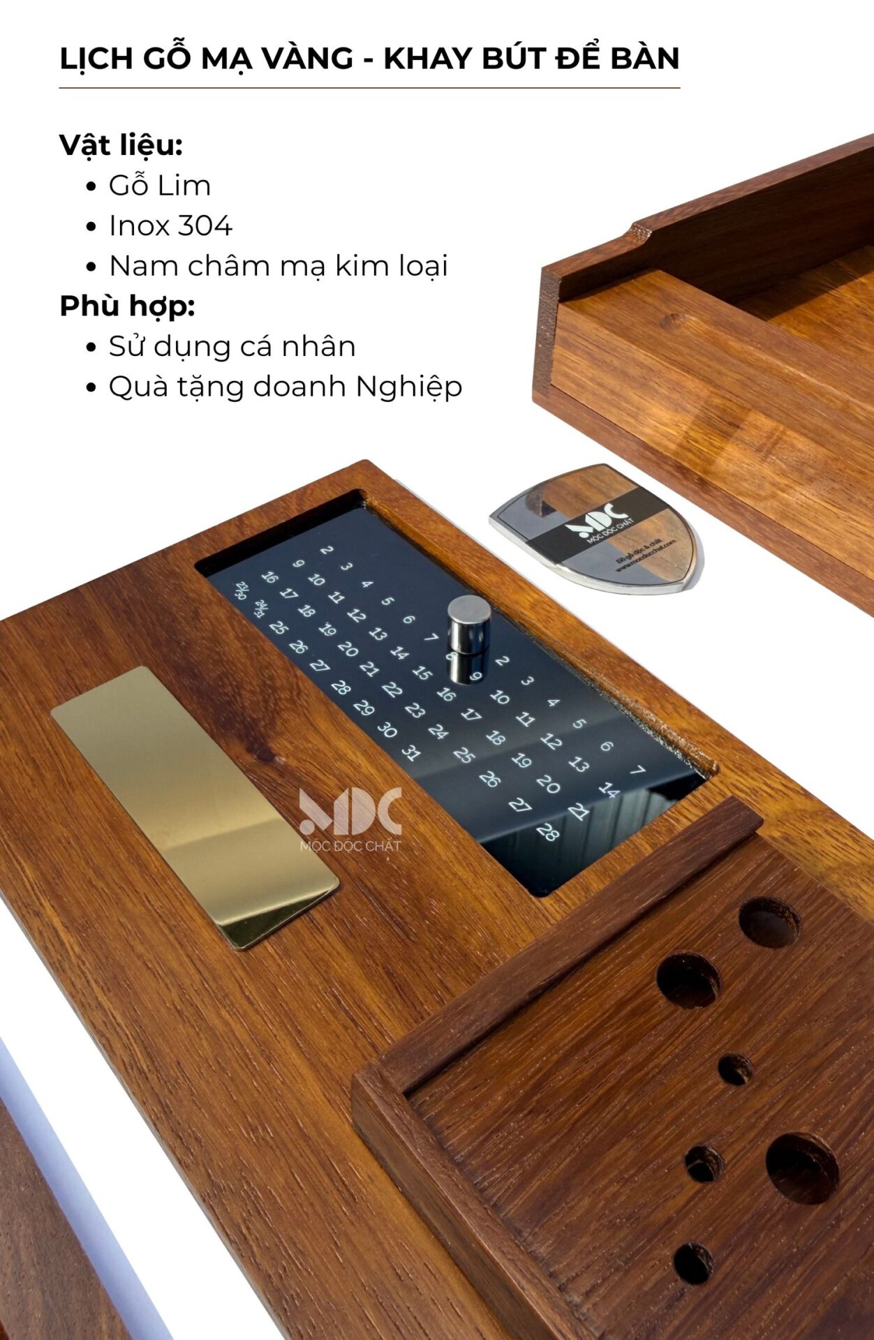 lịch gỗ tết 2027 để bàn mạ vàng 24k