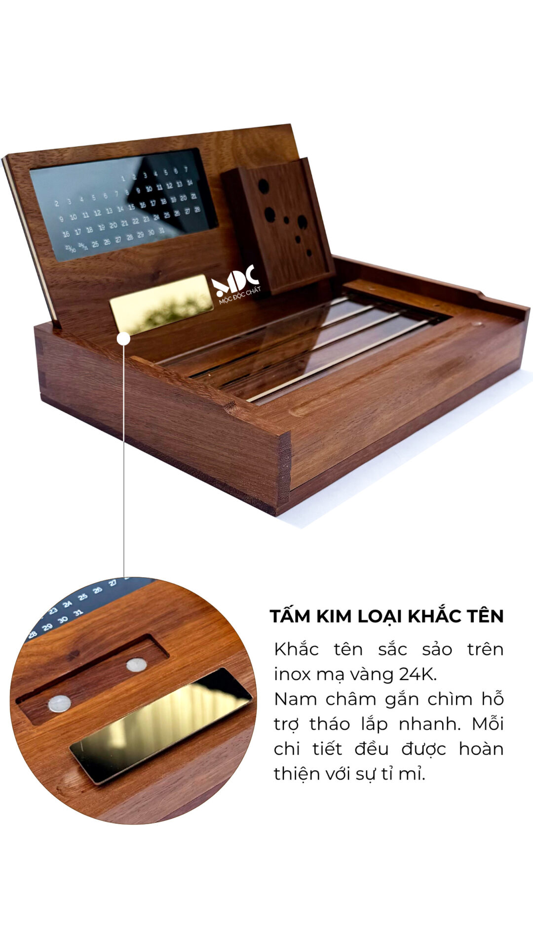 Mẫu in khắc lịch tết cao cấp cho bàn làm việc văn phòng- Gỗ Lim mạ vàng 24k