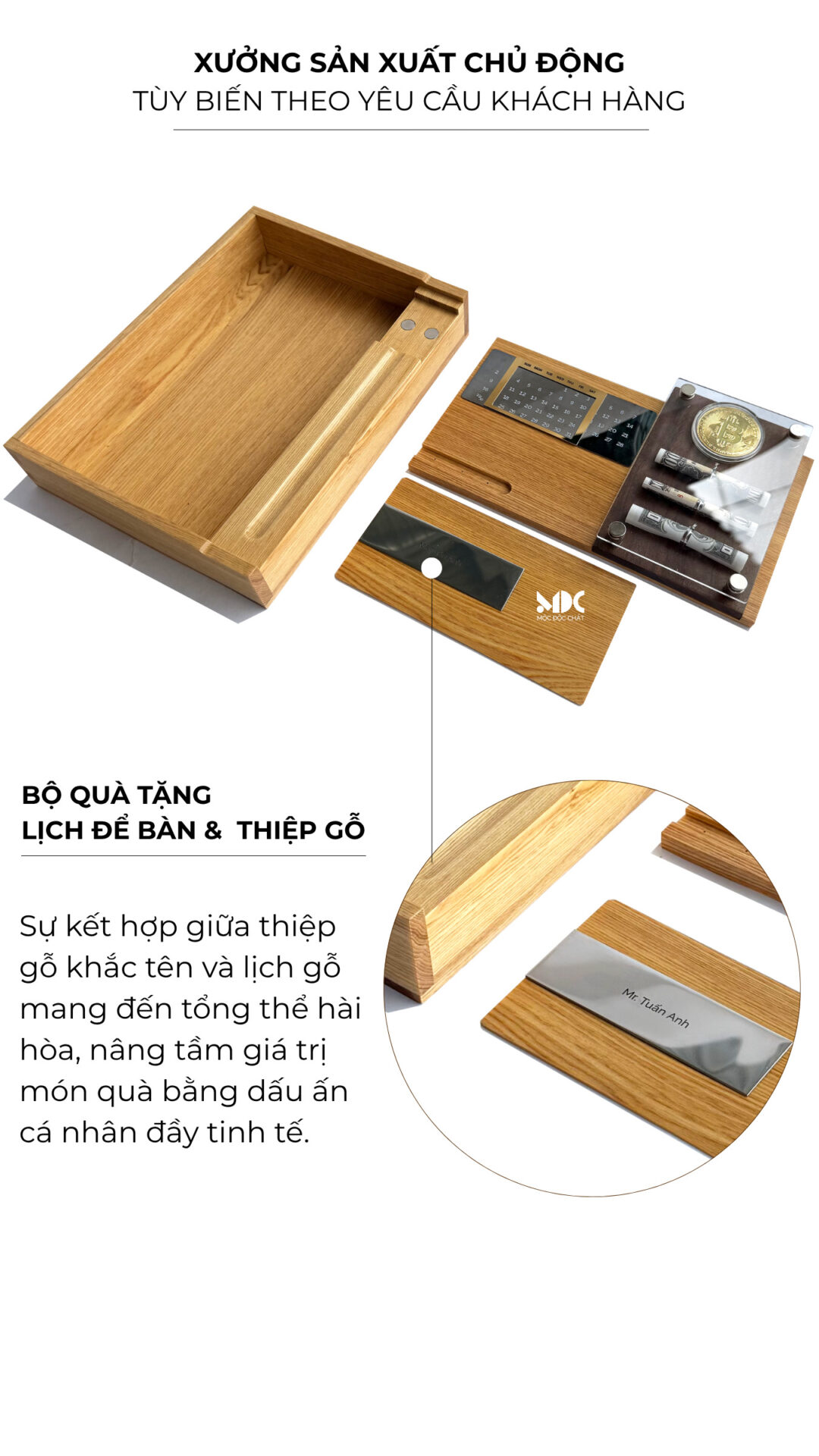 bộ quà tặng hộp bút- lịch gỗ- thiệp khắc tên